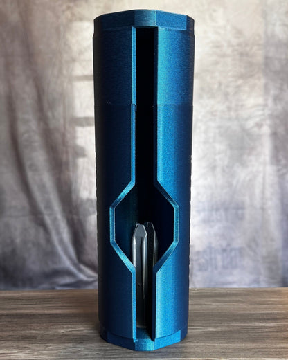 Blue plastic cylindrical object on a wooden surface
