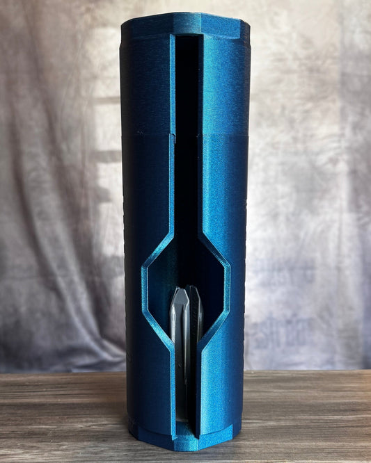 Blue plastic cylindrical object on a wooden surface