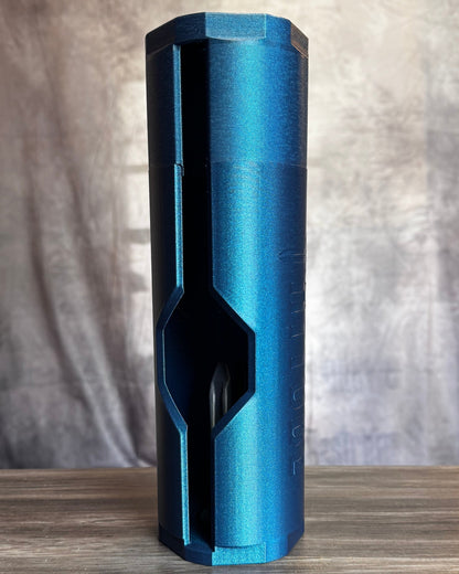Blue cylindrical object on a wooden surface