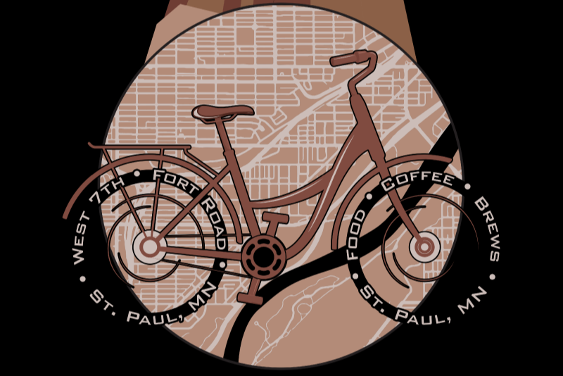 Map of St. Paul, MN with a bicycle and cityscape illustration on a black background